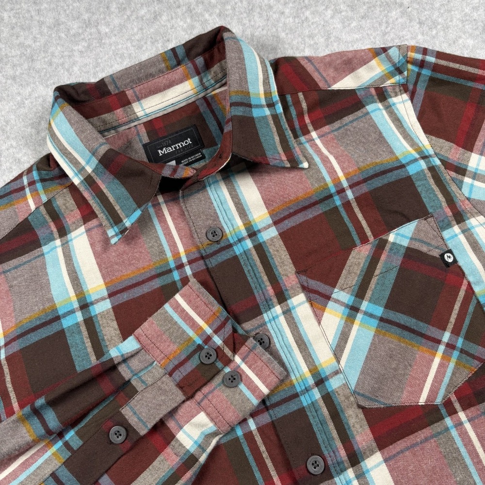 Marmot Women's S/P Petite Plaid Flannel Shirt Burgundy Blue Long Sleeve